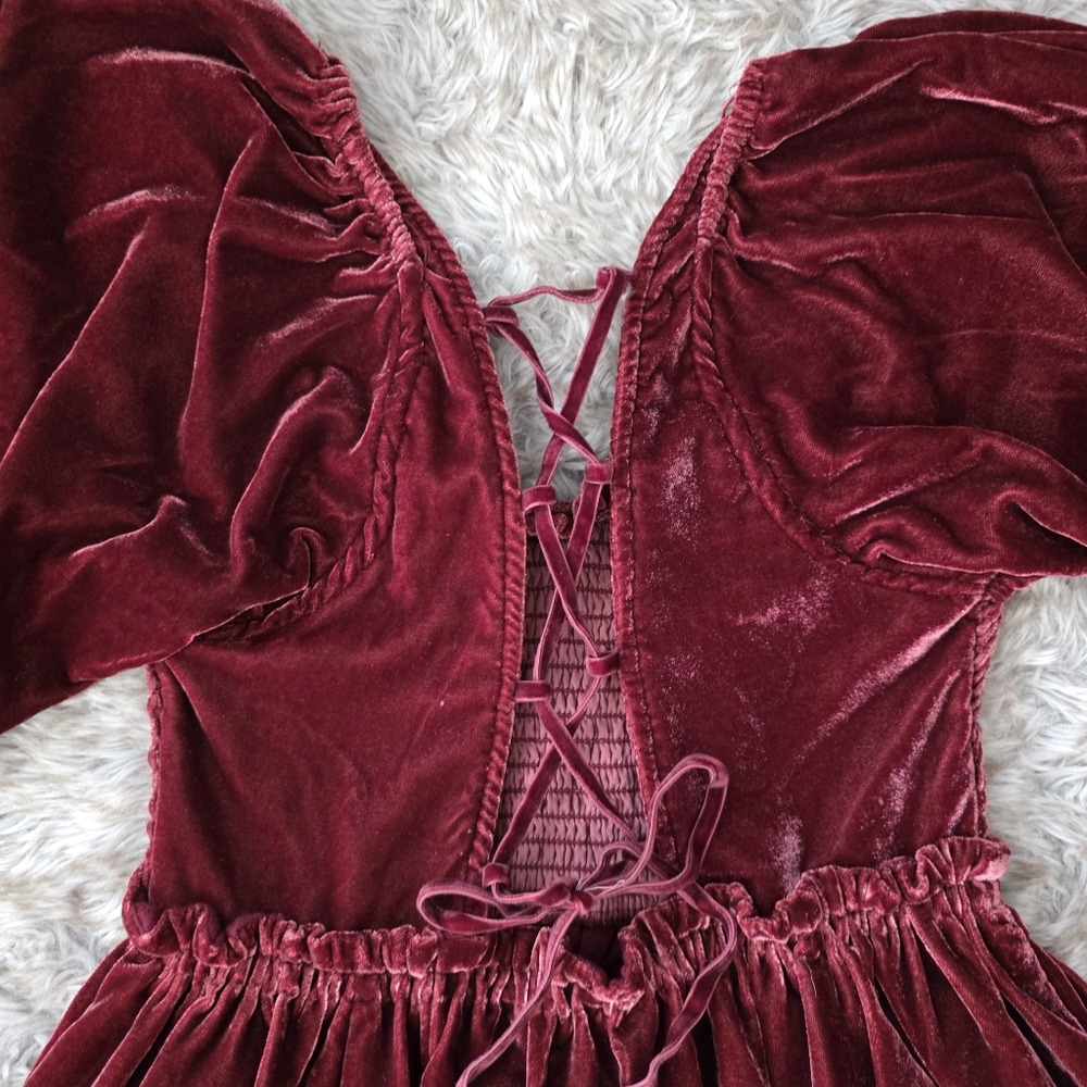 Velvet Smocked Mini Dress - Burgundy - Picture 8 of 16